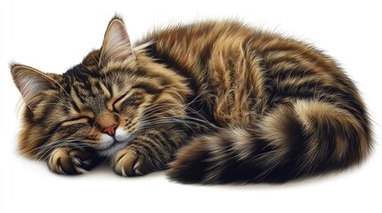 A fluffy brown tabby cat curled up in a peaceful slumber. Perfect for cat lovers and pet-themed designs. Ideal for wall art, greeting cards, or social media.