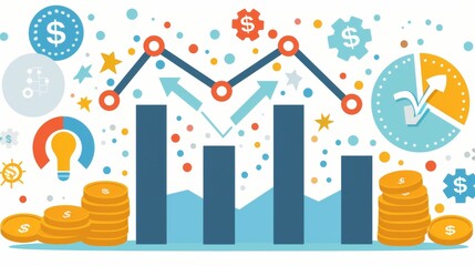 Visual representation of financial growth with coins, bars, and an ascending graph on light blue