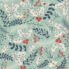 Merry Christmas, Happy New Year seamless pattern with fir cone, holly leaves and berries for greeting cards, wrapping papers. Seamless winter pattern. Vector illustration.