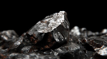 Close-up of a shiny black mineral rock against a dark background, showcasing intricate details.