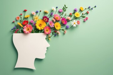 a person's head with flowers in it