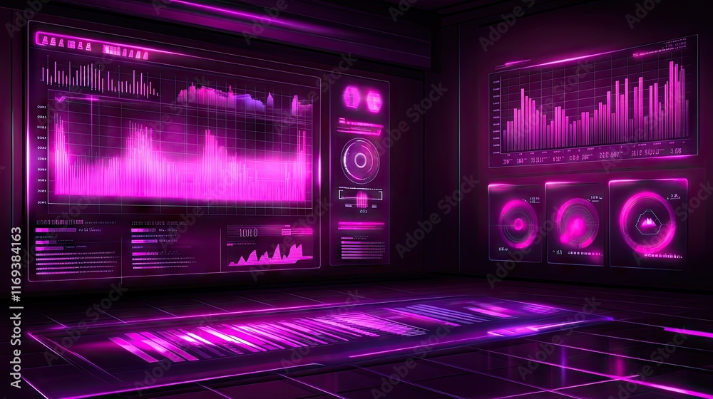 Canvas Prints a futuristic command center with glowing purple holographic displays showcasing data analysis, chart