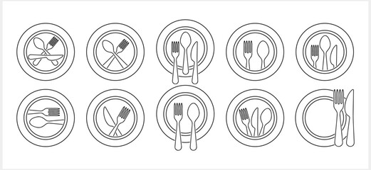 Stencil cutlery fork spoon knife plate icon isolated Food clipart Vector stock illustration