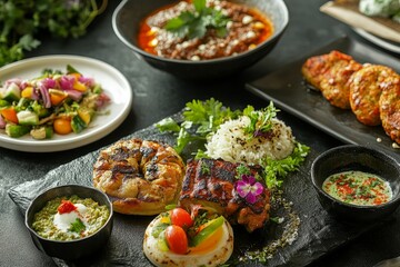 Grilled meats, rice, flatbreads, and colorful sides.