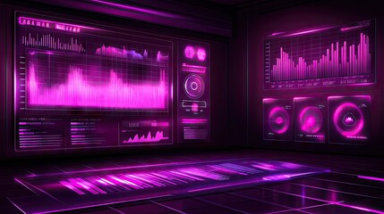 A futuristic command center with glowing purple holographic displays showcasing data analysis, charts, and metrics. Ideal for cybersecurity or data visualization applications.