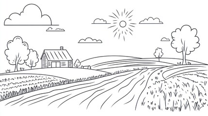 Fototapeta premium Rural Farmhouse Landscape With Rolling Hills And Sunny Sky