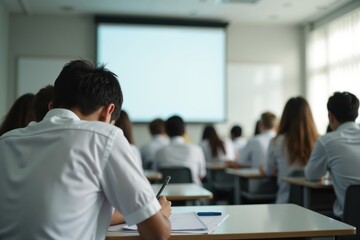 a group of students sitting at desks in front of a projector