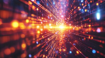 Obraz premium Abstract digital tunnel of glowing particles and light streaks. Ideal for technology, futuristic, sci-fi, or cyberspace-themed visuals.