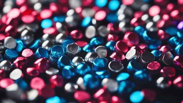 Colorful decorative sequins in shades of blue, pink, and silver spread across a surface.