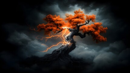 Fototapeta premium Dramatic lightning bolt fractures the majestic trunk of an ancient oak tree