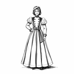 Fototapeta premium Victorian Fashion Illustration: A classic line drawing of a woman in a Victorian-era gown, showcasing intricate details and graceful posture.