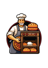 A baker in a white chef's hat and apron is taking a fresh loaf of bread out of the oven,  with other loaves already baked inside.