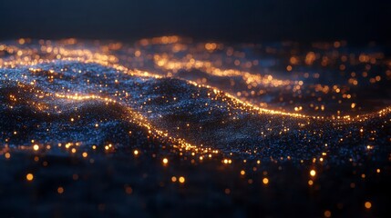 Beautiful Close-Up View of Glowing Particles on Dark Surface Representing Waves of Light and Sparkle Created by Stars in Night Sky for Abstract Background