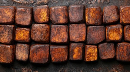 Rustic Wooden Blocks in Various Shapes and Textures Arranged on a Dark Surface, Suitable for Background or Decorative Purposes in Design Projects