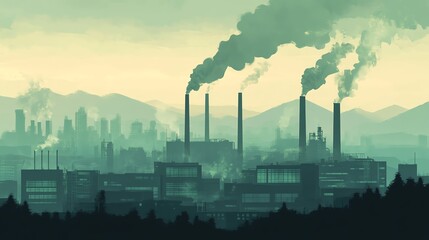 Obraz premium Industrial skyline with smokestacks and pollution in the background.