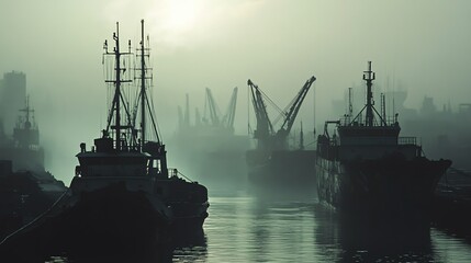 Fototapeta premium Misty harbor with ships and cranes silhouettes at dawn.