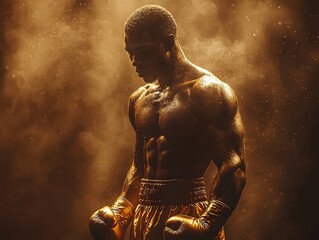 Powerful Boxer Silhouette Stands Tall in Dramatic Backlit Lighting Symbolizing Strength and Determination