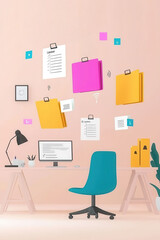 Creative workspace with colorful notes and modern desk setup.