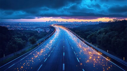 Fototapeta premium Highway leading to futuristic city at dusk.