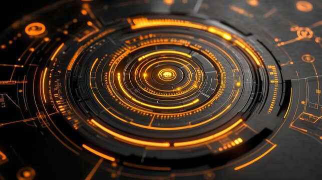 Futuristic circular HUD element with glowing orange accents. Ideal for game interfaces, sci-fi displays or technology presentations. Customize color and animation.