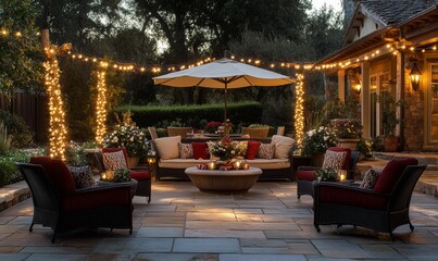 Evening patio scene;  lights, seating, fire pit.