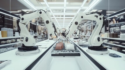Robotic arms in a modern automated retail environment.