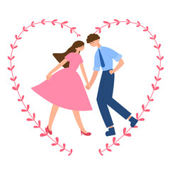 romantic couple holding hands inside heart-shaped floral frame symbolizing love flat vector illustration