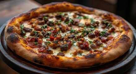 Freshly Baked Pizza with Savory Toppings and Crisp Crust Served on a Wooden Platter in a Warm Restaurant Setting Perfect for Food Lovers and Culinary Enthusiasts