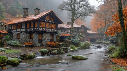 Fototapeta premium Serene Autumn Landscape Featuring Rustic Houses Beside a Tranquil River with Colorful Fall Foliage and Misty Mountains in the Background
