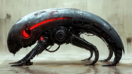 A sleek black robotic creature with glowing red eyes and intricate mechanical legs stands in a dimly lit industrial setting. Ideal for sci-fi films or video games.