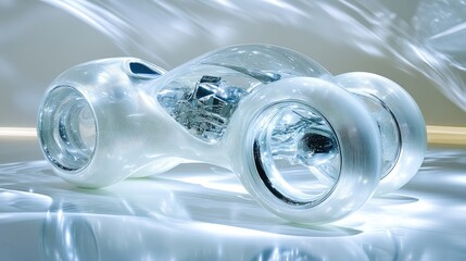 A futuristic transparent vehicle concept showcasing innovative design and potential future transportation. Ideal for exhibits, presentations, and inspiring discussions on sustainable mobility.