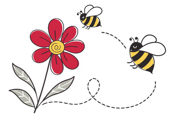 cartoon flower, simple illustration, red petals, yellow center, two bees, black and yellow stripes, whimsical design, bold outlines, minimalist style, cheerful colors, nature-inspired, vector art, chi