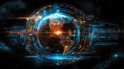 Futuristic Earth interface with digital data visualization. Ideal for technology presentations, sci-fi visuals, or data analysis dashboards.
