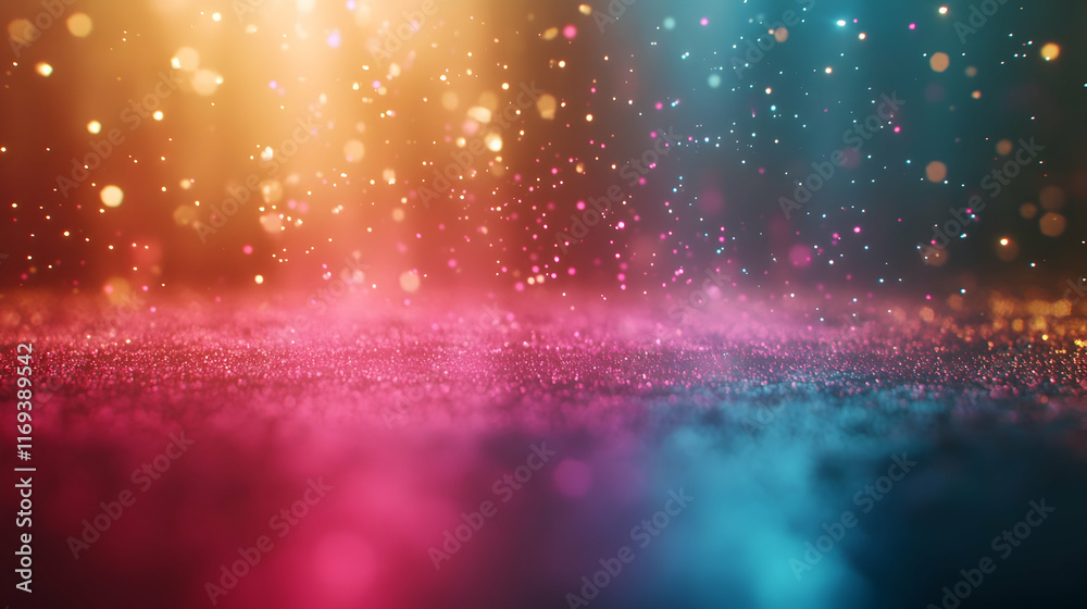 Wall mural radiant indoor bokeh sparkles in pink and cyan with glowing particle effects on a muted golden backg