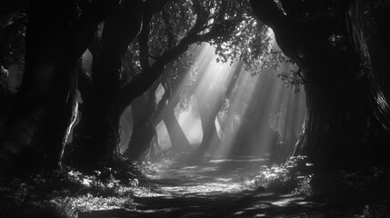 Obraz premium Sunbeams Illuminate A Dark Forest Path