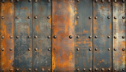 Fototapeta premium Rustic Metal Texture Weathered Steel Panels with Rivets Grunge Background
