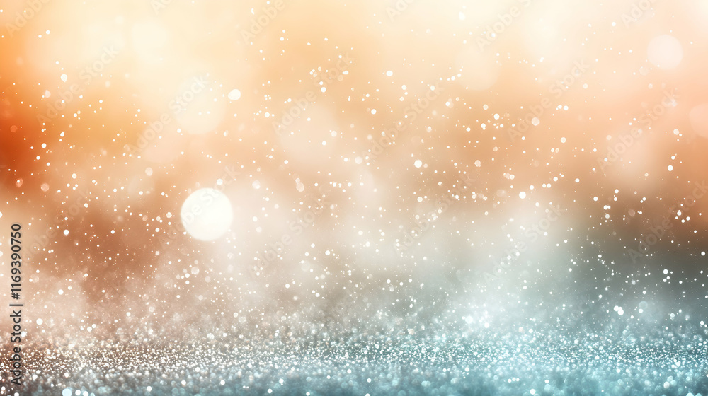 Wall mural soft bokeh sparkles in teal and orange indoors with subtle glow particle effects over a light mauve 