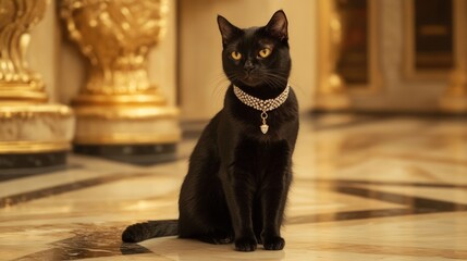 Elegant Black Cat with Necklace in Luxurious Interior Setting