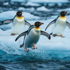 Obraz premium Dynamic Emperor Penguins Leaping Across Arctic Ice Floes in Majestic Natural Habitat - Scenic Antarctic Wildlife Adventure and Marine Life Exploration