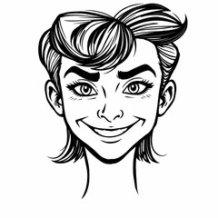 Smiling Woman: A black and white illustration of a woman with a mischievous smile and a stylish haircut, perfect for adding a touch of retro charm to your projects. 