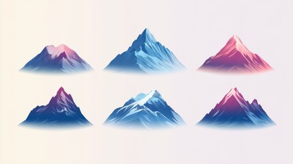 Six stylized mountain illustrations in various colors and styles.
