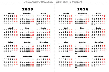 2025, 2026 years portuguese calendars. Vector collection for Portugal