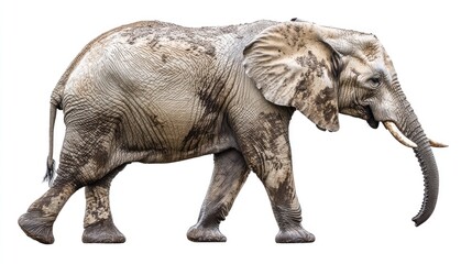 A majestic African elephant strides across a white background. Its mud-caked skin reveals its recent adventures. Ideal for wildlife designs or educational materials.