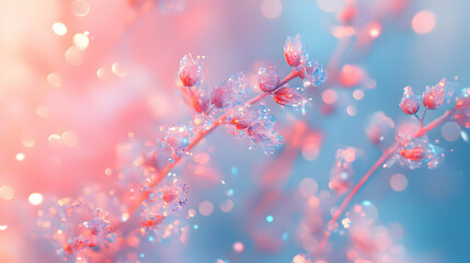 Subtle pastel-toned bokeh sparkles indoors with glowing particles over a light blue and coral backdrop