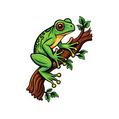A detailed vector illustration of a green frog climbing up a tree branch, with leaves.