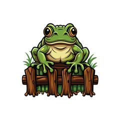 A detailed vector illustration of a green frog perched on top of a wooden letter 'F'.