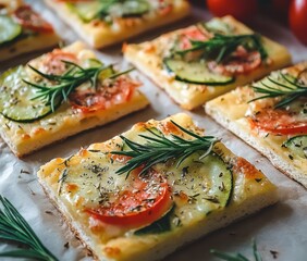 Freshly Baked Vegetarian Flatbread with Seasonal Vegetables, Aromatic Herbs, and Melted Cheese Perfect for a Delicious Snack or Appetizer