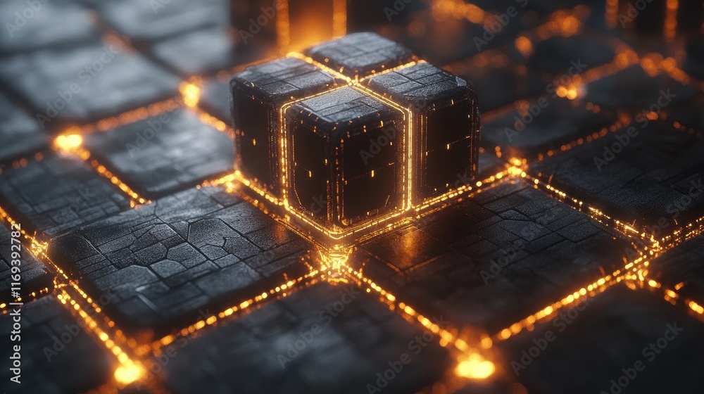 Canvas Prints a dark cube with glowing orange edges sits on a grid of dark textured squares with glowing orange li