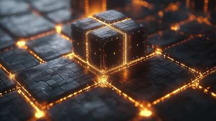 A dark cube with glowing orange edges sits on a grid of dark textured squares with glowing orange lines. Ideal for game asset or abstract background.
