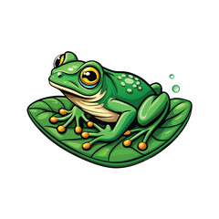 Create a detailed vector illustration of a green tree frog sitting on a large green leaf, with the frog's eyes looking towards the viewer.